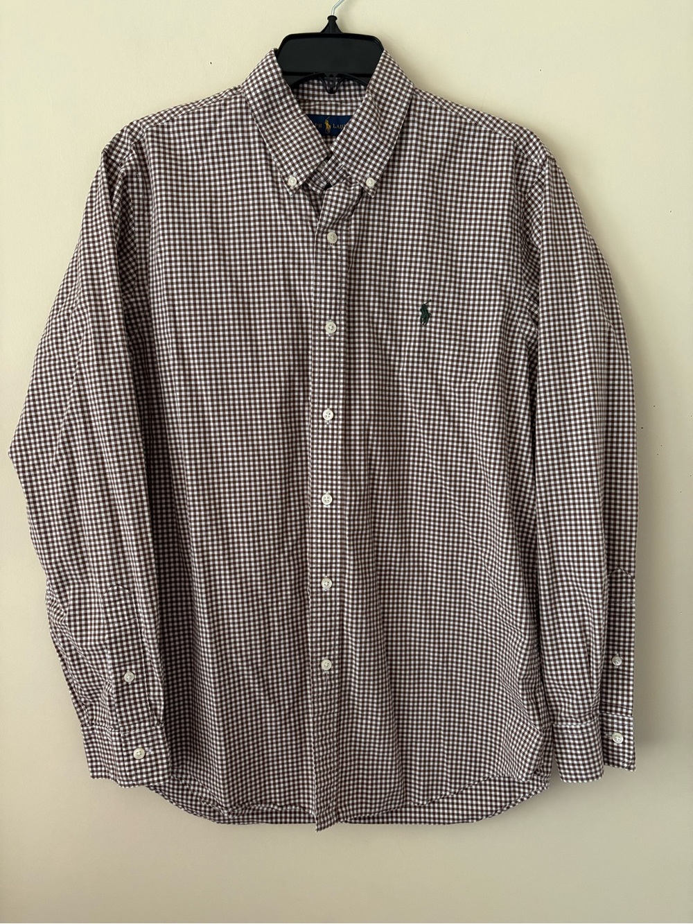 Ralph Lauren Brown and White Gingham Button-Down Cotton Shirt Sz.M